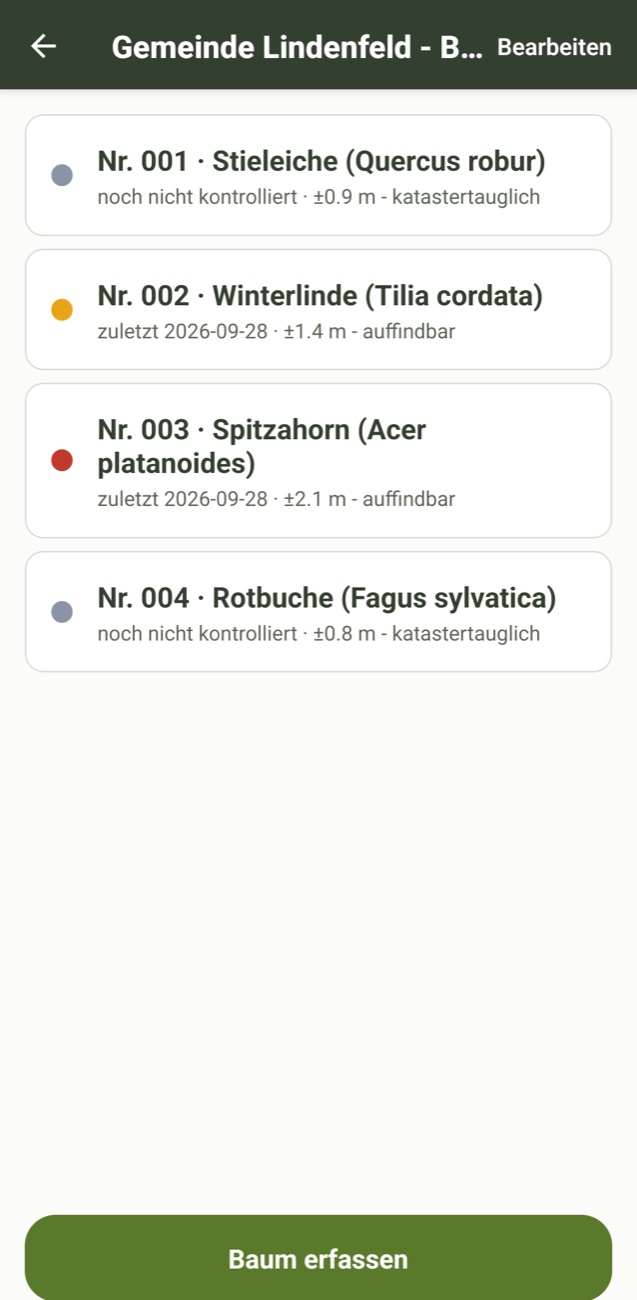 Bäume eines Auftraggebers mit Ampelfarbe für den Zustand und Genauigkeit der Position
