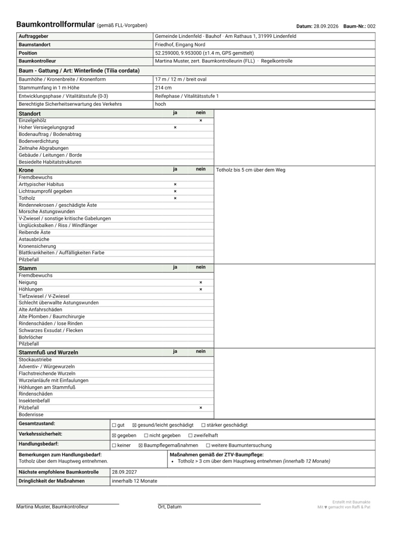 PDF-Protokoll: Baumkontrollformular gemäß FLL-Vorgaben mit allen Merkmalen und Bewertung
